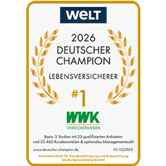 Die Welt – Deutscher Champion 2026, Lebensversicherer #1 (ServiceValue-Studie, 25.462 Kundenurteile, 22 Anbieter)
